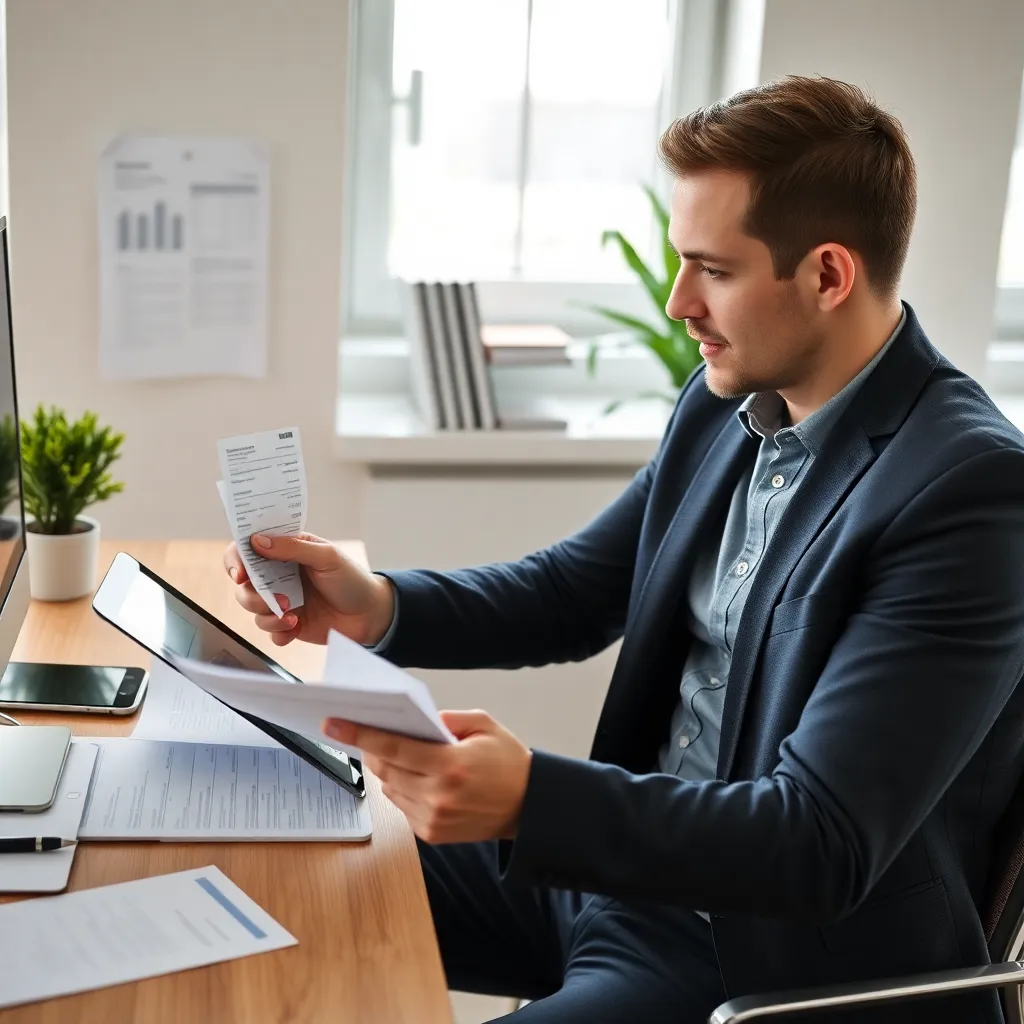 Zelfstandig ondernemer die belastingaangifte voorbereidt met digitale hulpmiddelen