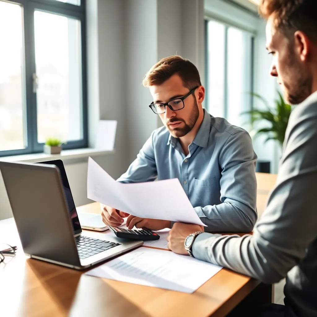 Persoon die financiële documenten analyseert met een laptop en rekenmachine